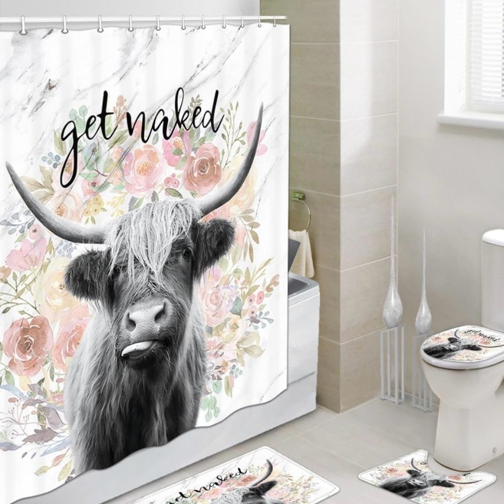 NEW Floral Highland Farmhouse Cow Bull White Shower Curtain “Get Naked” Hooks